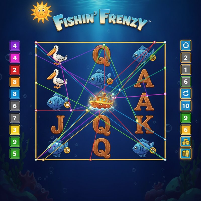Fishin Frenzy gameplay showing active paylines across the five reel three row grid
