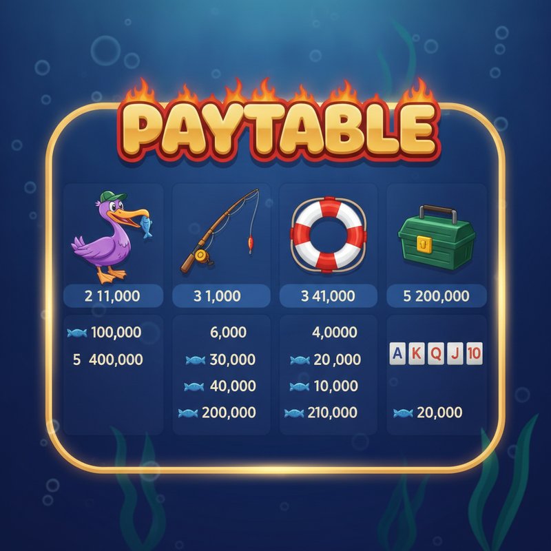 Fishin Frenzy paytable showing pelican, fishing rod, life preserver and tackle box symbol payouts